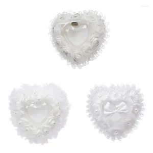 Jewelry Pouches Heart Ring Cushion Holder White Flower Lace Bow Wedding Bearer Pillow Box For Ceremony Proposal