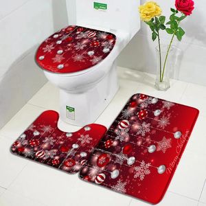 Banyo paspasları kırmızı Noel mat setleri gümüş Noel topları kar taneleri yıl tatil halı ev banyo dekor zemin kilimleri tuvalet kapak kapağı