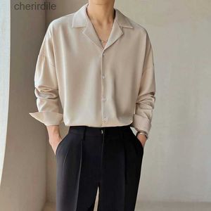 Men's Casual Shirts Mature mens high-end spring Cuban neckline mens clothing solid color loose casual long sleeved mens clothing yq240408