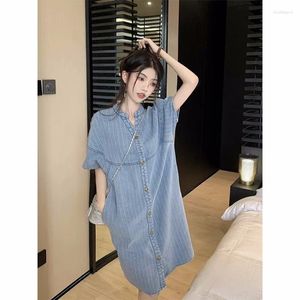 Party Dresses Retro Bubble Short Sleeve Denim Dress Women's Summer Single Breasted Loose Fit Vestidos Blue Small V-Neck