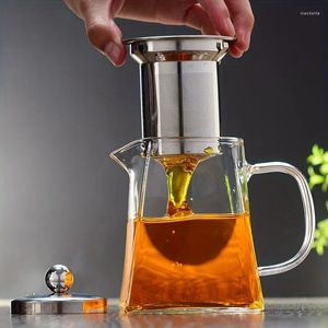 Water Bottles Square Glass Teapot With Stainless Steel Tea Infuser Heat Resistant High Borosilicate Pot Summer Winter Drinkware