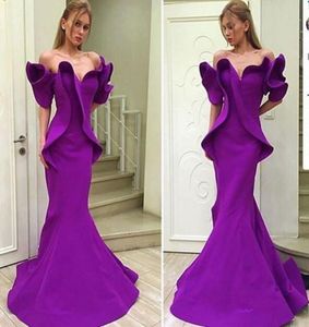 2019 Purple Organza Stain Dubai Arabic Offshoulder Mermaid Dresses Party Evening Wear Ruffles Trumpet Backless Occasion Prom Dres5699982