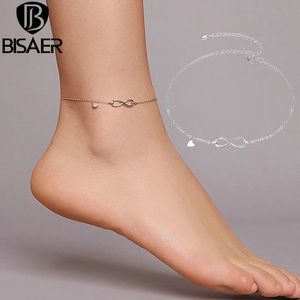 Bisaer Infinity Love Anklets 925 Sterling Silver Geometric Heart Chain for Women Feet Leg Link Jewelry ECT019 240408