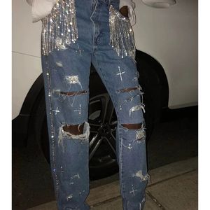 Kvinnor hål jeans pärlor decation denim byxor plus storlek casual vintage jean rippade skinka tofs ihåliga jean våren 240320