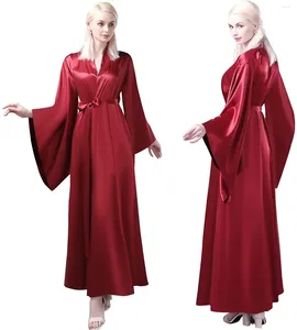 Runway Dresses Burgundy Silk Women Robe Long Sleeve Sexy Nightgown V Neck Ruffles Satin Sleepwear Bathrobe Pajamas Prom Bridesmaid Shawel