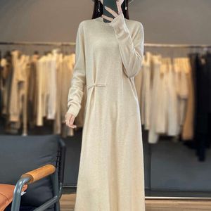 Chinese Knot Cashmere Dress Womens Autumn and Winter Long Loose Bottoming Sweater Skirt Knee-length Knitted