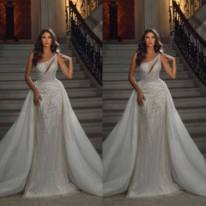 Gorgeous One Shoulder Wedding Dresses Beads Sequins Appliques Lace Mermaid Bridal Gowns Custom Made Detachable Train