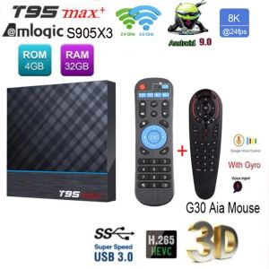 Caixa T95 Max Plus AmLogic S905X3 Caixa de TV Android 9.0 8k 100m LAN 2.4G 5G Wi -Fi opcional MX3 Voice Air Mouse HDR vs MECOOL KM2 Plus