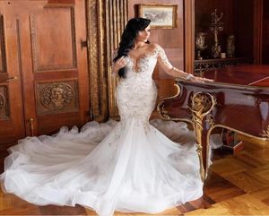 Nowoczesna syrena koronkowe sukienki ślubne iluzja długie rękawy vestido de noiva koronkowe aplikacje Slim Formal Bridal Suknie plus size szatę 4714575