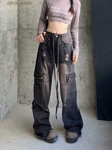 女子ジーンズ2023ハラジュクファッションビンテージブラックバギーリッピング積み重ねたジーンズパンツ服のための新しいロックドレスレディズボンロパムジャーY240408