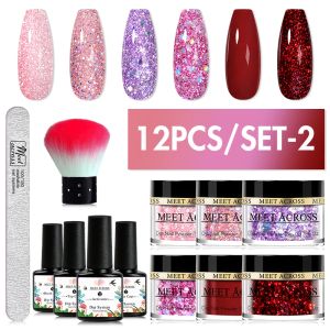 Borrar möts över 8/12/16st glitterrosa naken nagel dopppulver set ingen lampa botning dekoration pigment diy gel fransk akryl doppning