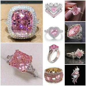 Cluster Rings 2023 New Fashion Large Pink Zircon Ring Charming Jewelry Women CZ Wedding Commitment Engagement Women Accessories Gift240408