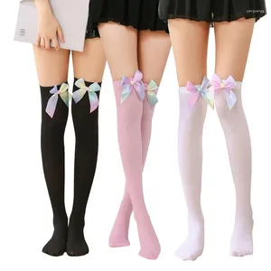 Kvinnors strumpor lår hög regnbåge bowknot över knä långa strumpor anime cosplay bottoming hoSiery