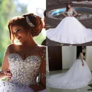 Vestidos de imagem real vestido de noiva de manga comprida Robe de cristal de luxo de Mariage Sheer Crew Neck Ball vestidos de casamento vestidos de casamento vestido de noiva