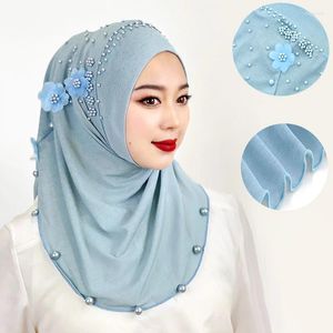 Ethnische Kleidung Frauen wickeln Kopfschalel Perlen Muslim Hijab Feste Farbe Blumendekor Cover Schal weich dünn atmungsaktiv