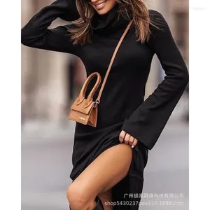 Casual Dresses 2024 Spring Autumn Women's Clothing Solid Color Turtleneck Flared Long Sleeve Dress