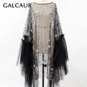 GALCAUR Patchwork Mesh Dresses For Female O Neck Falre Long Sleeve Print Sheet Metal Womens Elegant Dress Fashion 240325