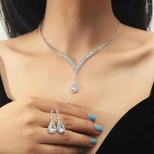 Halsbandörhängen Set Blijery Teardrop Crystal Bridal Silver Color Rhinestone V Shaped Wedding Jewelry for Women