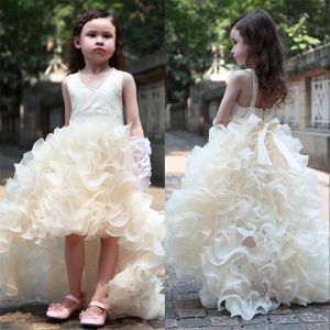 Dresses Champagne High Low Flower Girl Dresses Beaded Organza Ruffles V Neck Short Front Long Back First Communion Dress 2022 Girls Pagean