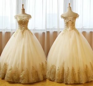 Dresses Champagne Ball Gown Prom Dresses Long With Off The Shoulder 2022 Gold Applique Short Sleeve Laceup Graduation Dress Prom Gowns 8t