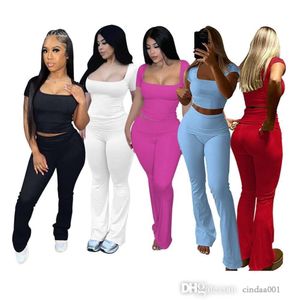 Kvinnor Tracksuits Two Pieces Set Designer 2024 Ny Summer Fashion Stripe U Neck Short Sleeve Flipped Pants 5 Färger
