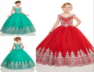 Elegant skivbroderi Little Girls Pageant Dresses Red Green Tulle Cap ärmar Princess Billiga Flower Girls Prom Formal Dress For 8514354