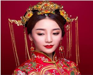 Blue Princess Bride Wedding dress show Chinese retro dress gown dragon hair Coronet Wo costume suit headwear accessories3888302