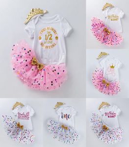 Ins Baby Tutu Dot Letter Drukuj Romper Crown Headband 3pcsset Dziewczyny Urodziny Pography Dress Kids Princess Party Cloth8575343