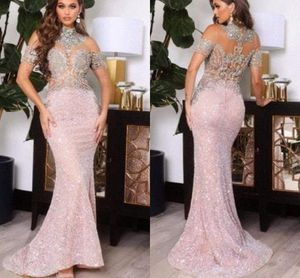 Luxuriöse arabische Dubai ASO EBI Perlen Kristalle Mermaid Abendkleider bloße Ärmeln hoher Nacken Pailletten Long Party Anlas