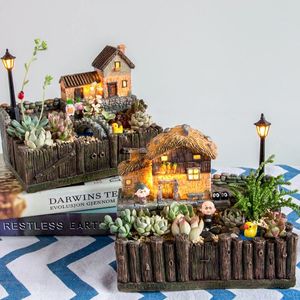 Ländlicher Bauernhaus Blumentopf mit Lampe für Sukkulenten Pflanzen kreative Pflanzer Mini Bonsai Micro Landscape Fairy Garden Decor 240325