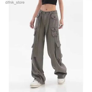 Women's Jeans y2k cargo pants Strtwear High Waist Hippie Grn Cargo Pants Woman Pocket Wide Leg Black Pants Vintage Casual Mopping Trousers Y240408