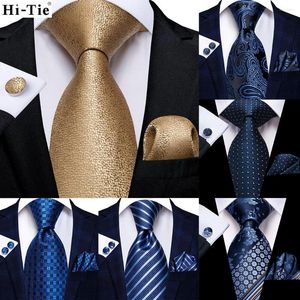 Bow Ties Hi-Tie Gold Solid Novelty 63inch Silk Men Extra Long For Woven Classic 160cm Mens Necktie Pocket Square Set Cufflinks