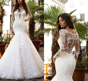 Abiti 2022 Abito da sposa sirene favoloso con maniche lunghe illuso Vedi Accoglienza da sposa taglie forti