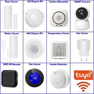 Satser Tuya Smart WiFi IR Fjärrdörr Rörelsetemperatur Sensor Vatten Rök Gasdetektorer WiFi App Notificering Hem Säkerhetslarm