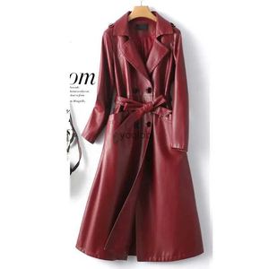 Damengrabenmäntel Echte Schaffellgrabenmäntel Frauen Langes Leder -Outwear Herbst Winter Wein rotes Doppelbruße Gürtel Ladies Lambskin Wäschel2403