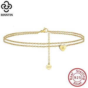 Rinntin 925 Sterling Gümüş Moda Mektubu Kadınlar İçin Başlangıç ​​Kalp Halekleri 14K Altın Ayak Bileği Zinciri Bilezik Çıplak Ayak Takı SA18 240408