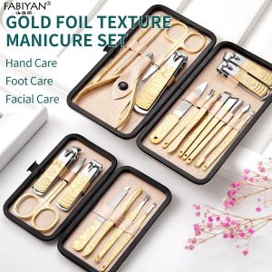 Kits Manicure Pedicure Set Nail Kit Nail Clipper Rostfritt stål Cutter Nuticle Nipper Scissors Tool With Case Gold