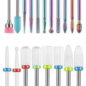 Bits 19 Pieces of 3/32 Inch Diamond Horny Electric Nail File and Ceramic Acrylic Gel Nail Milling Cutter Set for Deburring Gel