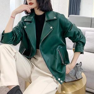 Women's Leather Sheepskin Jackets Casual Lapel Coat Drop Shoulder Loose Temperament Outwear Spring Autumn