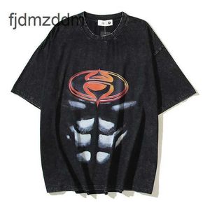 Herrdesigner Short ärmar High Street Trendy Muscle Superman tryckt tvättade gamla män och kvinnors fritid ärm är t-shirt
