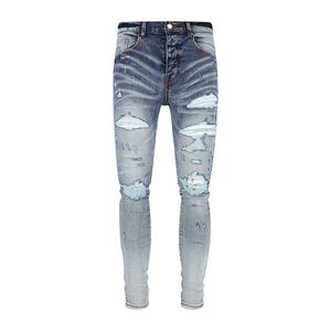 Черные разорванные сшивающие джинсы Мужские слизистые малые ноги с высокой улицей модные бренды вымытые брюки растягиваются SLP