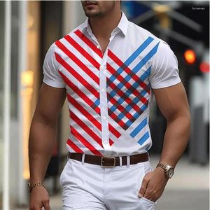 Men's Casual Shirts Striped Geometric Business 3D Printed Shirt Outdoor Street Summer Lapel Short-sleeved XS-5XL Stretch Fabric