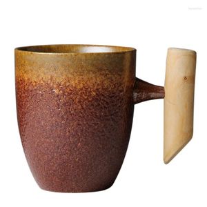 Muggar japansk stil vintage keramisk kaffemugg tumbler rost glase te mjölk öl med trä handtag vatten kopp hemmakontor