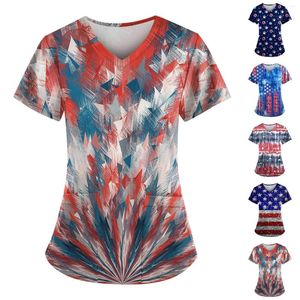 Women's T Shirts Fashion V-neck Short Sleeved T-Shirt Casual Workwear With Pockets Printed Tops Slim-Type Simple Shirt Ropa Para Mujer