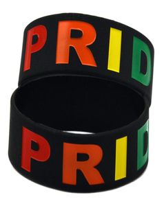 50pcs Orgulho gay Pulseira de silicone de uma polegada de largura Black Adult Size desmontado e preenchido com cores do arco -íris Logo2556369