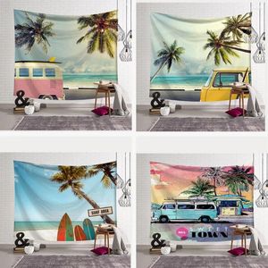 Tapisserier Sweet Town Tapestry Bohemian Wall Hanging Seaside Landskap Coconut Palm Tenture Murale Mandala Beach Handduk Yoga Mat