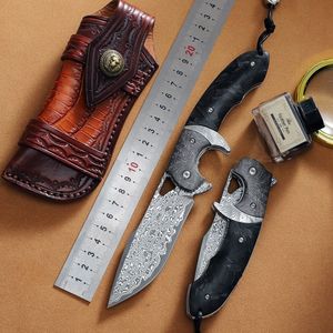 Handgjorda Tactical Damascus Folding Pocket Knife High Hardness VG10 Outdoor Camping Survival Knives Cultery med äkta lädermantel