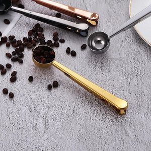 Kaffescoops rostfritt stålbönskedklipp kreativt två i en mätning med tätande munborstat matt guld