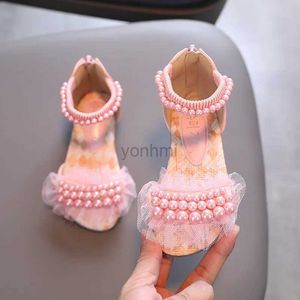Slipper flickor sandaler sommar mode pärla spets prinsessor skor platt klackar barn strand sandaler baby flicka skor 240408