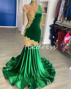 Luxury Green And Gold Prom Dresses 2024 Gorgeous Black Girls Mermaid Evening Dress Velvet With Tassel Formal Birthday Party Gown Aso Ebie Vestidos De Noite Abiye